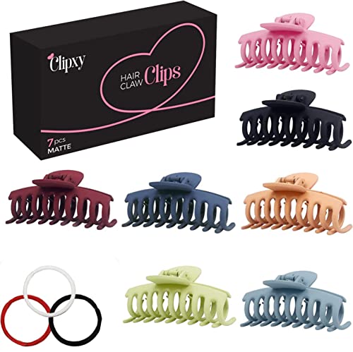 CLIPXY Premium Claw Clips – Set of 10 Pcs Hair Claw Clip with Hair Bands – Sturdy and Durable Hair Clips Women – 3.6 Inch Matte Coated Hair Claw