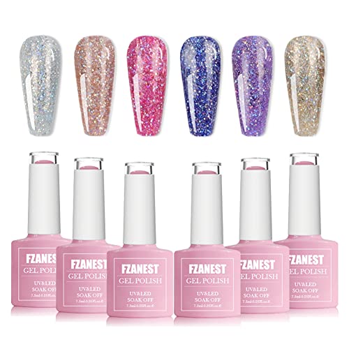 FANZEST Gel Nail Polish Led UV Gel Polish Holographic Color Sparkle Glitter Diamond Rose Gold 15ml