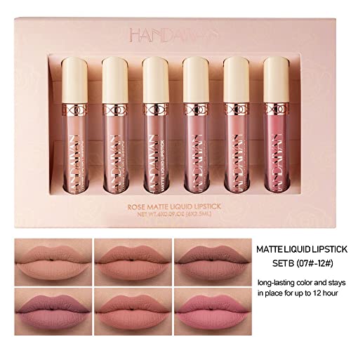 Beteligir 6Pcs Matte Liquid Lipstick Set, 6 Nude Colors Matte liquid Long-Lasting Non-Stick Cup Not Fade Waterproof Lip Gloss Set for Women Makeu