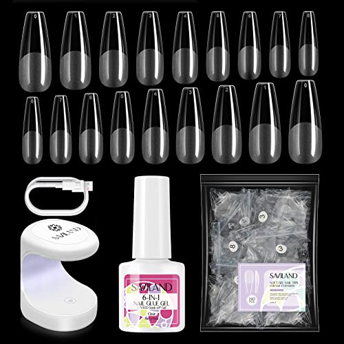 Saviland Extension Gel Nail Kit 240PCS Medium Almond & Medium Square Clear Full Cover Soft Gel Nails Tips 6-in-1 Nail Glue Gel Fake Nails Extensi