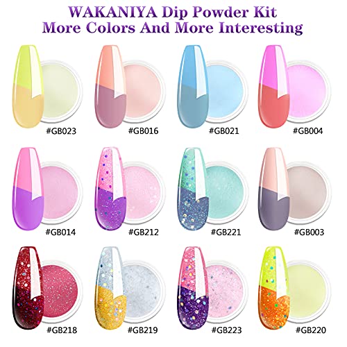 Dipping Powder Starter Kit, Wakaniya Dip Powder 12 Summer Colors Sun Changing Colour Dipping Powder Nail Set with 4 Liquid Base Top Coat, Activat