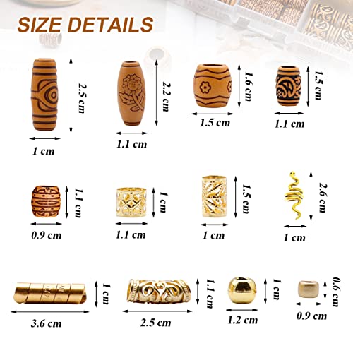 Hair Jewelry for Braids, 124 Pcs Gold Hair Beads Coils Dreadlocks Accessories Metal Jewelry Aluminum Hair Cuffs Decoration Imitation Wood Hair Ch
