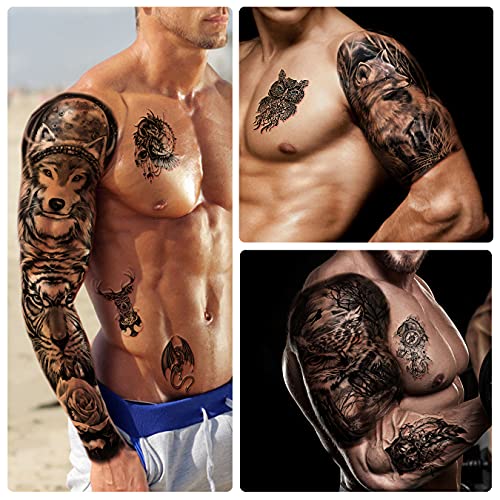 Metuu 46 Sheets Full Arm Waterproof Temporary Tattoos For Men(L22.8“xW7”), Tiger Clock Flower Skeleton Animals Fake Tattoos For Adult Men and Wom