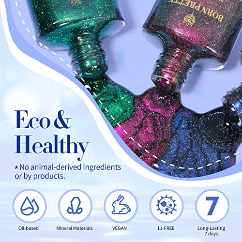 BORN PRETTY Chameleon Nail Polish Set Holographic Glitter Polish Sparkle Shimmer Nail Art Polish with Black Nail Polish Multicolored Nail Art Var