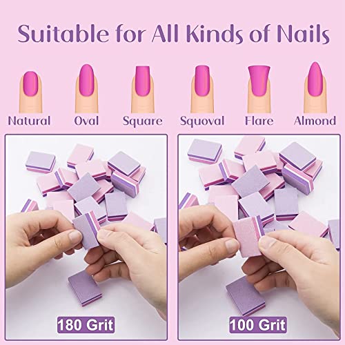 ANRUI Mini Nail File 180/100 Grit Sponge Nail Polish Sanding Buffer Strips Nail File Blocks Manicure Tools 50PCS (Pink-Purple)