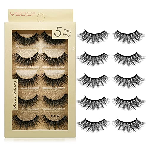 False Eyelashes 5 Pairs Reusable 3D Mink Lashes Handmade Natural Thick Fake Eyelashes Contains Stainless Steel Eyelash Tweezers (Bomb)