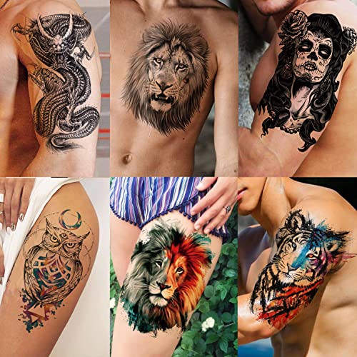 EGMBGM 53 Sheets Large Realistic Tiger Dragon Lion Owl Temporary Tattoos For Women Thigh Men Arm Adult, Half Sleeve Halloween Skull Fake Tattoo S