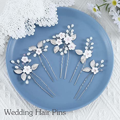 Edary Bride Wedding Flower Hair Pins Pearl Bridal Hair Pieces Wedding Hair Accessories Silver Hair Clips for Women and Girls (Pack of 5)
