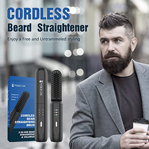 VIKICON Beard Straightener, Cordless Quick Heated Beard Straightener Brush for Men, 2 in 1 for Beard&Hair Comb, 3 Temperature Settings/Anti-Scald