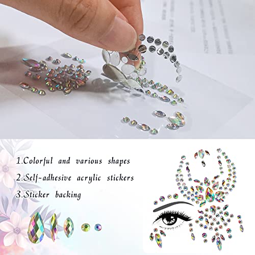 Face Gems Glitter 6PCS Festival Face Stickers Self-Adhesive Face Jewels Crystal Rhinestone Temporary Tattoo for Face Eyes Body Rave Festival Part