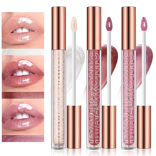 LANGMANNI 3Pcs Hyaluronic Acid Plumping Lip Gloss Set,Hydrate & High Shine Clear Looking Lips,Smooth Texture And Long Lasting Lip moisturizing,Br