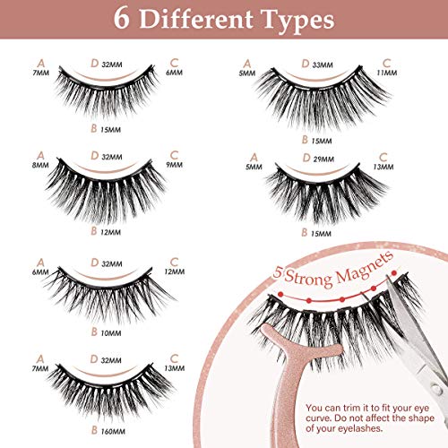 Magnetic Eyelashes with Eyeliner, 6 Pairs 3D Natural Look Magnetic Eyeliner and Lashes Kit, 2 Tubes Long Lasting Magnetic Eyeliner 10mL, Mirror B