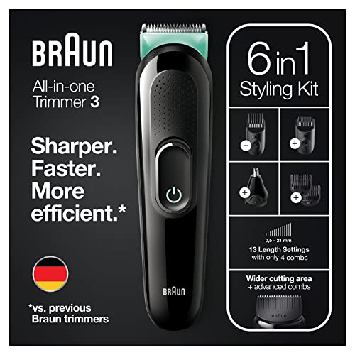 Braun 6-in-1 All-In-One Series 3, Male Grooming Kit With Beard Trimmer, Hair Clippers & Precision Trimmer, 5 Attachments, Gifts For Men, UK 2 Pin