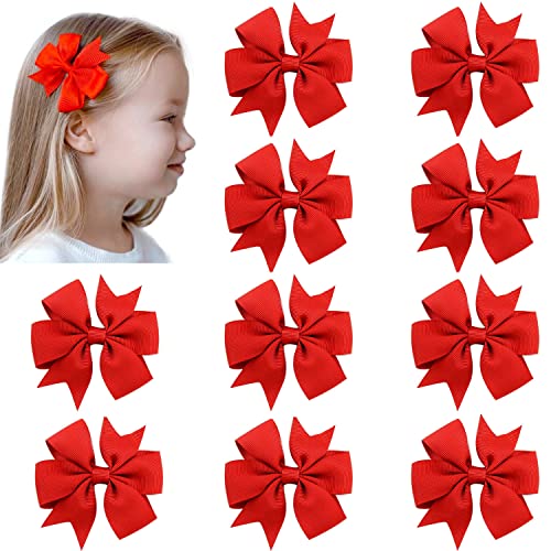 Jeffan 12 PCS Ribbon Hair Bows 3 Inch Cheerleading Alligator Clips Accessories for School Girls Toddlers (Red)