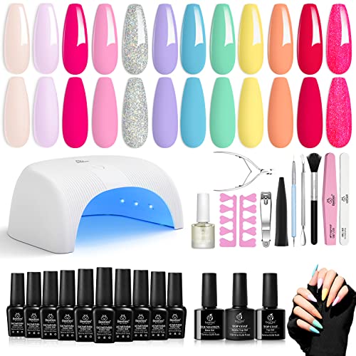 Beetles Gel Nail Polish with U V Light Starter Kit, 12 Colors Spring Pastel Gel Polish with Base Gel Top Coat Cuticle Oil, Soak Off Macaroon Gel