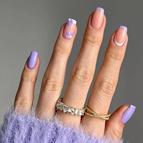 JUSTOTRY 24 Pcs Short False Nails Square,White French Press on Nails Pattern, Pretty Milky Fake Nails Short with Nail Glue, Stick on Nails for Wo
