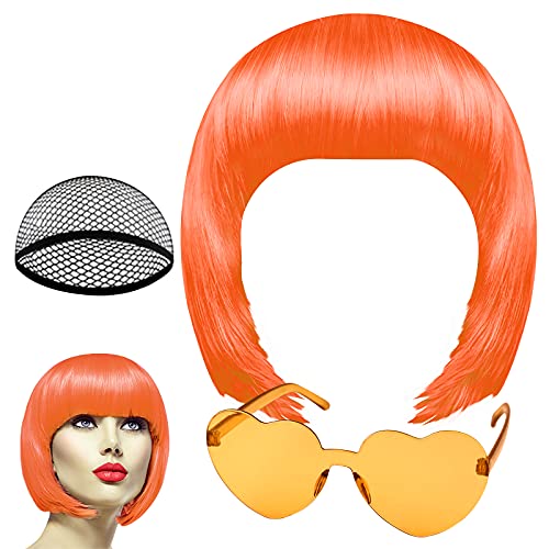 PLULON Peach Pink Bob Wig and Sunglass Set, Neon Short Bob Wig Sunglass Pack Costume Colorful Cosplay Wig Hairpieces for Bachelorette Neon Party