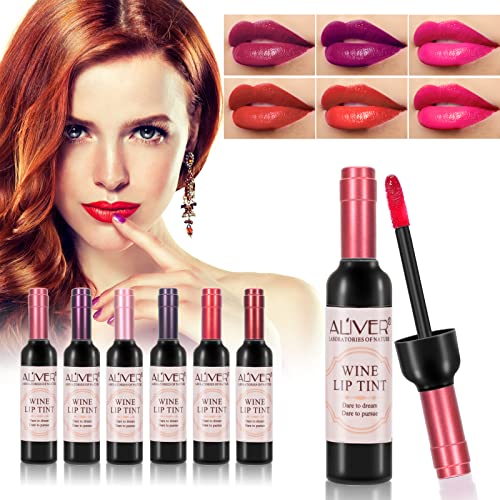 ELAIMEI Wine Lip Tint, 6 Colors Long Lasting Waterproof Matte Lip Tint Set, Liquid Lip Tint Wine Bottle Lip Gloss Set, Wine Lipstick, Natural Moi