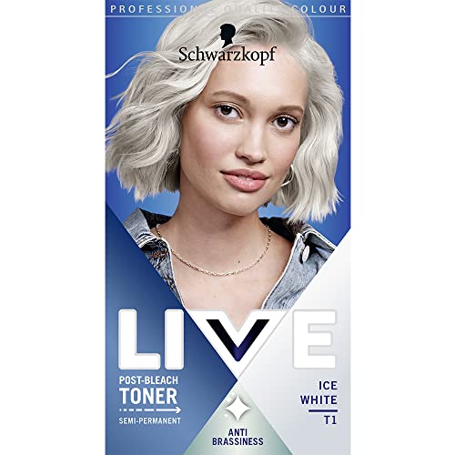 Schwarzkopf Live Post Bleach Toner Ice White Hair Toner, Lasts Up To 16 Washes, Semi-Permanent Blonde Hair Dye, For Brassy Yellow Tones, T1
