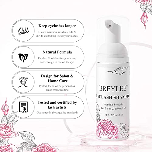 Eyelash Extension Shampoo, BREYLEE Eyelash Extension Cleanser Eyelash Extension Foam with Rinse Bottle+Brushes for Makeup Remover for Salon and H