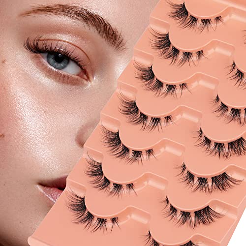 False Eyelashes Cat Eye Lashes 14mm DD Curl Russian Lashes Natural Strip Lashes Fluffy Eyelashes Russian Strip Lash Volume Fake Lashes 7 Pairs by