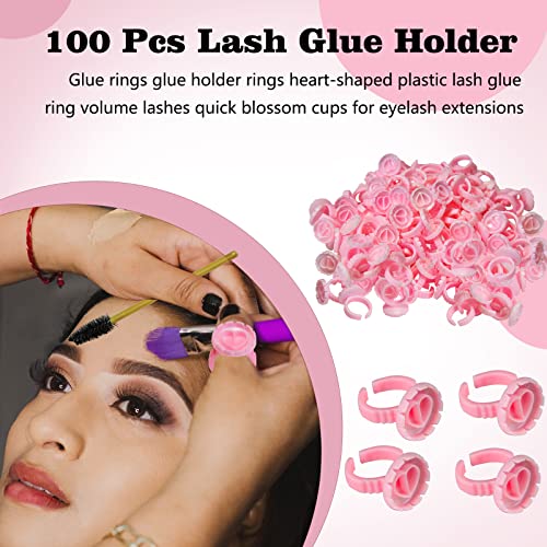 Glue Rings for Eyelash Extensions, 100Pcs Flower Shaped Plastic Lash Glue Rings with 2Pcs Spoolies for Lash Extensions, Pigment Rings, Makeup Glu