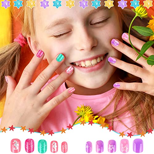 192Pcs Fake Press on Nails for Kids Pre-glue Full Cover Short False Nail Tips Stick on Nails for Kids Children Lovely Gift Girls Nail Art Decorat