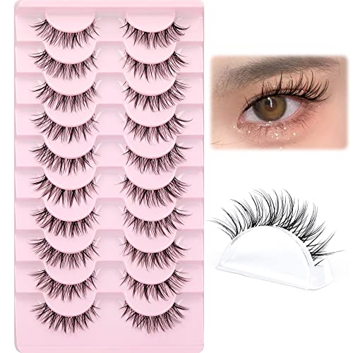 JIMIRE False Lashes Natural Cat Eye Faux Mink Lashes Pack 12MM Short Small Fake Eyelashes 10 Pairs