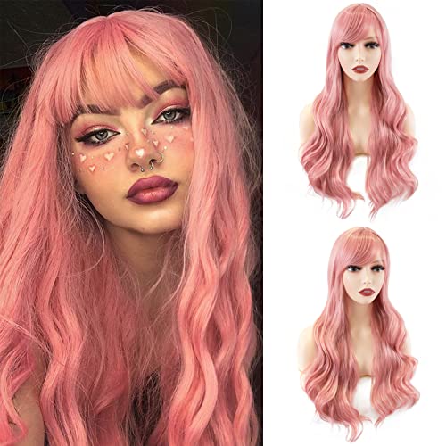 iShine Burgundy Red Wigs for Women Long Wavy Wine Red Wigs with Fringe Synthetic Wig Heat Resistant Natural Hair for Daily Party Cosplay Use Gift