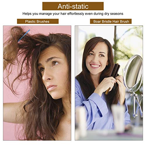 Boar Bristle Hairbrush Vista Round Hair Brush Wooden Handle Anti Static Hairbrush for Hair Styling, Drying, Curling