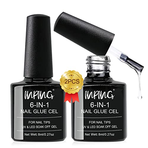 INPING Gel Nail Glue, 2PCS 8ML Nail Glue 6-In-1 False Nail Tips Gel Glue Kit Extra Strong Nail Bond Nail Glue Gel for Nail Extension Tips/Acrylic