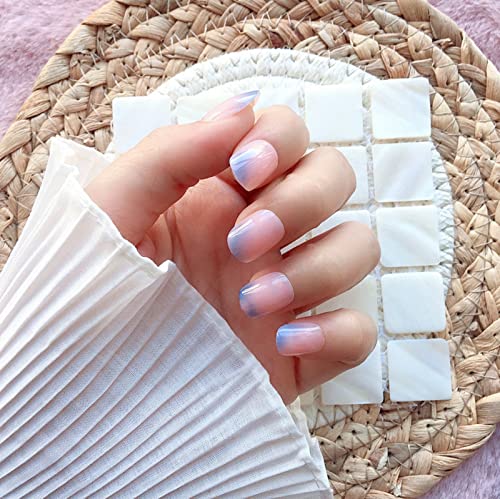 JUSTOTRY 24 Pcs Pastel Square Short False Nails,Multi Colour French Press on Nails Pattern, Cute Fake Nails Medium with Nail Glue,Rainbow Stick o