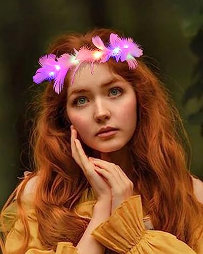 Edary Light Up Headband LED Feather Headbands Luminous Festival Hair Piece Party Hair Accessories for Women and Girls(Pack of 2)