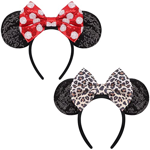DRESHOW 2 Pack Mouse Ears Bow Headbands Glitter Party Decoration Cosplay Costume for Girls & Women