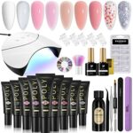 Poly Nail Gel Kit, Gel Nail Extension Kit 9 PCS Clear Nude Pink 15ml Gel Builder Nail Kit with U V LED Lamp Starter Beginner Nail Kit Full Set Gi