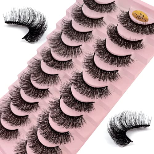 False Eyelashes Russian Strip Lashes 10 Pairs Reusable Natural Look 7D Faux Mink Lashes Fluffy Volume Wispy Fake Eyelashes Handmade Thick Soft Lo