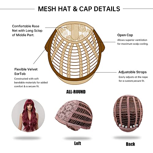 iShine Burgundy Red Wigs for Women Long Wavy Wine Red Wigs with Fringe Synthetic Wig Heat Resistant Natural Hair for Daily Party Cosplay Use Gift