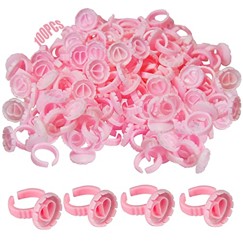 Glue Rings for Eyelash Extensions, 100Pcs Flower Shaped Plastic Lash Glue Rings with 2Pcs Spoolies for Lash Extensions, Pigment Rings, Makeup Glu