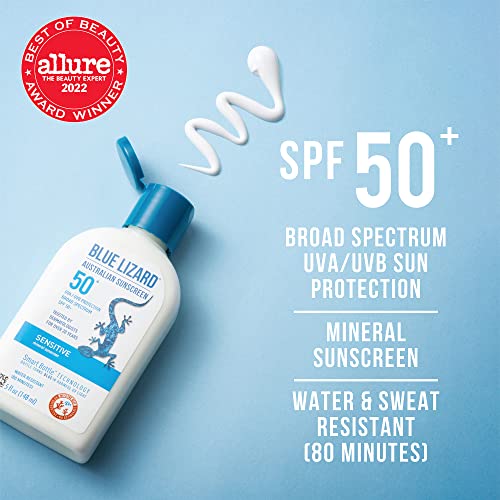 Blue Lizard Sensitive Mineral Sunscreen with Zinc Oxide, SPF 50+, Water Resistant, UVA/UVB Protection with Smart Bottle Te.