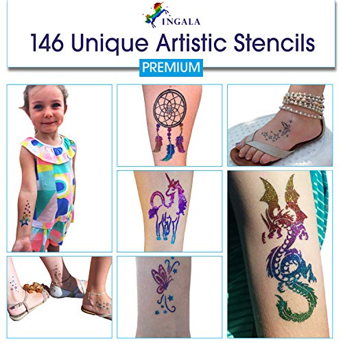 INGALA PREMIUM Stencils Set - 146 Unique Artistic Glitter Tattoo Stencils for Kids, Teens and Adults. Can be used as Henna Tattoo Stencils, Airbr