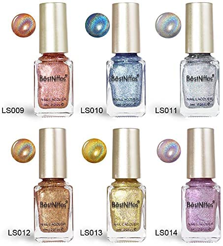 6Pcs Laser Nail Polish, Pretty Shiny Mirror Glitter Holographic Long Lasting Nail Polish (6ml*6) (6 Pcs)