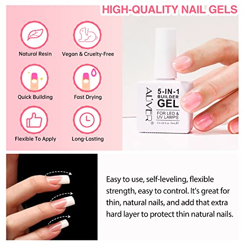 Builder Gel for Nail 15ml, Pink 5 in 1 Builder Base Strengthening Gel, Gel Nail Polish Base Coat, For Nail Extensions, Repair, Reinforcement, Sti