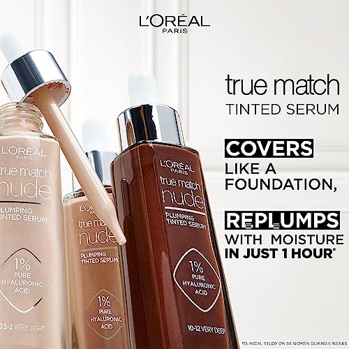 L'Oreal Paris True Match Tinted Serum Foundation, 1% Hyaluronic Acid, Hydrating Formula, Replumps Skin in 1 Hour for a Natural Glowing Finish, 30