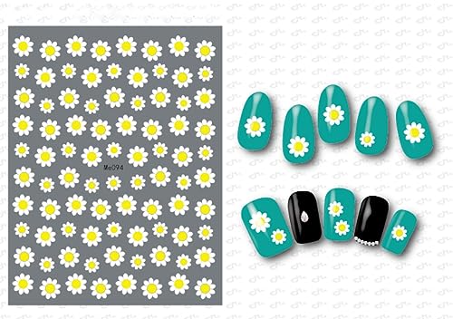 12 Sheets Spring Daisy Sunflower Nail Art Stickers Decals Self Adhesive Cute Summer White Yellow Flowers Floral Design Manicure Tips Nail Decorat