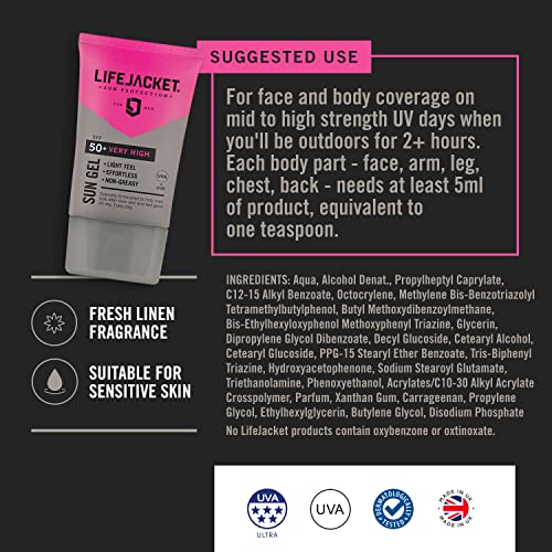 LifeJacket Sun Protection Gel SPF 50 UVA, UVA 5* Sun Cream/Sunscreen factor 50, Face + Body 200ml Lightweight, Non-greasy, Water resistant, Cruel
