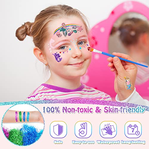 Lubibi Glitter Tattoo Kit, Mermaid Temporary Tattoo For Kids, 6 Tattoo Stickers,12 Colors Glitter,57 Unique Stencils,1 Jewel Sticker, Skin-Friend
