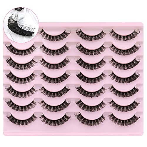 Newcally Russian Strip Lashes D Curl Wispy Fluffy False Eyelashes Natural Thick Volume Faux Mink Eye Lashes Reusable Handmade Like Fake Lashes Ex