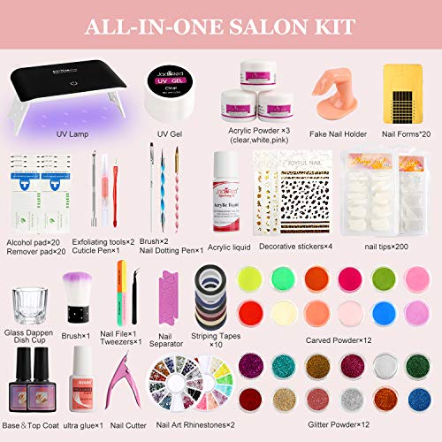 Acrylic Nail Art kit With UV Lamp, Acrylic Glitter Powder with Acrylic Liquid Monomer and Basic Nail Art Tools Professional Acrylic Nails Extensi