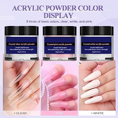Acrylic Nail Kit - 3 Colors Acrylic Powder Set - Clear White Pink Acrylic Nail Powder for Acrylic Nails Extension Beginner Kit