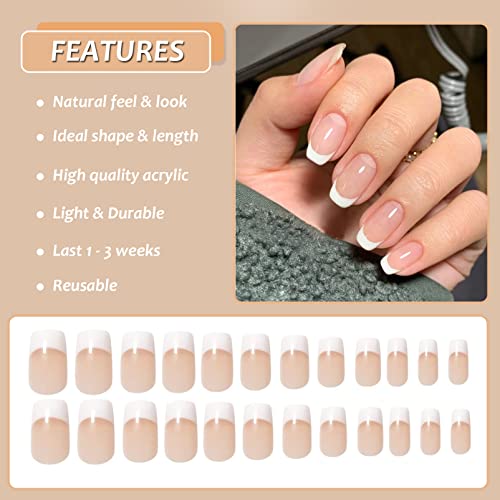 French False Nails Short, 48Pcs Nude White Fake Nails, Press on Nails with Designs, Acrylic Stick on Nails, Full Cover Artificial Nail Tips for W
